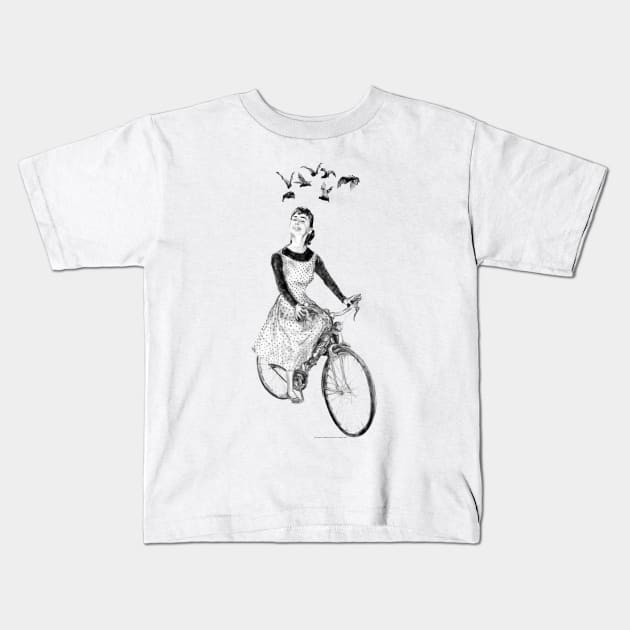 Lady riding on a bicycle (with bats) Kids T-Shirt by Producer